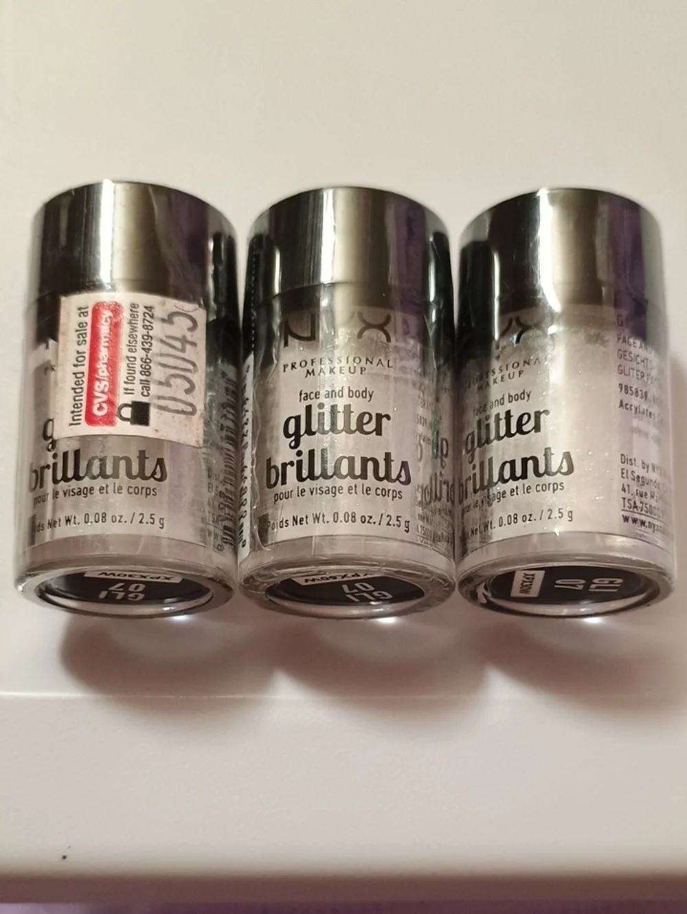 3 x NYX Glitter Brilliants Face and Body Glitter, GLI 07 Ice